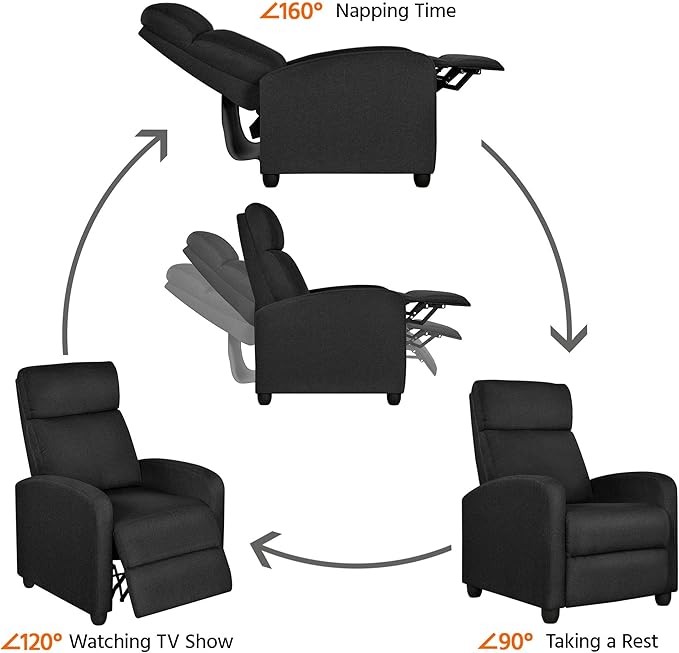 Yaheetech Home Theater Seating Fabric Recliner Chair Modern Single Living Room Reclining Sofa with Pocket Spring Black