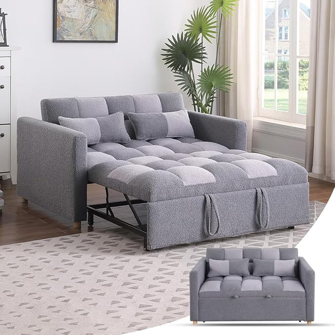 Loveseat Sleeper Sofa- 3 in 1 Convertible Sofa BedPull Out Couch with Adjustable BackrestMulti-Functional Lounge Chair with Teddy Fabric for Living RoomSmall Space (Grey)