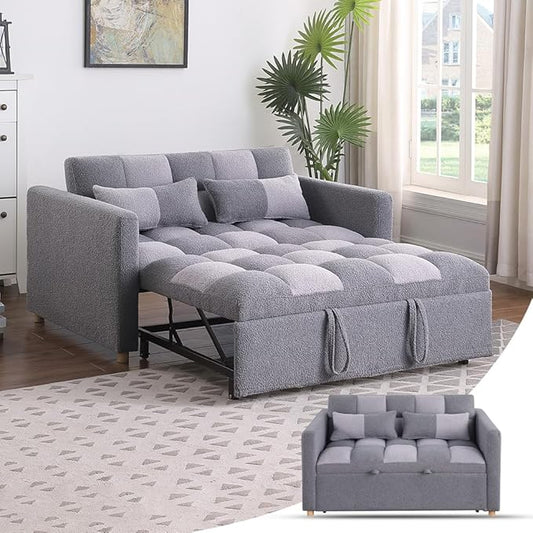 Loveseat Sleeper Sofa- 3 in 1 Convertible Sofa BedPull Out Couch with Adjustable BackrestMulti-Functional Lounge Chair with Teddy Fabric for Living RoomSmall Space (Grey)