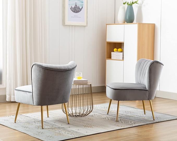 CIMOTA Velvet Grey Accent Chairs Set of 2 Modern Armless Slipper Chair Wingback Single Sofa Side Chair Comfy Corner Chair with Golden Legs for Living Room Bedroom Grey