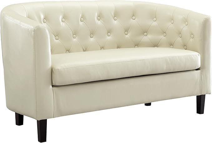 Emma Love Seat Button Tufted Faux Leather Barrel Loveseat Midcentury Modern 2 Seater Sofa Couch Small Loveseat for Small Spaces Bedrooms Couches for Living Room Easy Tool-Free Assembly - Cream