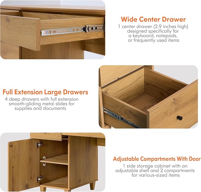 WAMPAT Desk with Drawers &amp Storage Cabinet 58 Inch Wide Wooden Home Office Desk with Charging Station Modern Large Wood Executive Computer Desk Work &amp Study Writing Desk Oak Brown