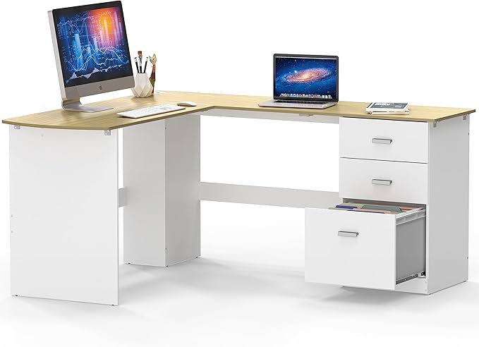 SHW 51 x 59 Inches L-Shaped Home Office Wood Corner Desk with Box Box File Drawers Oak