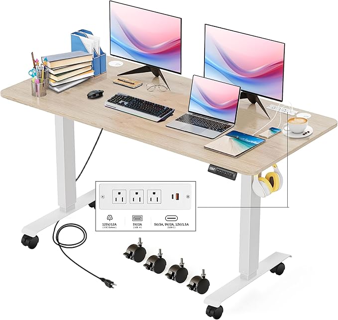 Electric Standing Adjustable Height Desk 48'' x 24''Sit Stand Desk with Charging Station 2 USB Ports 3 Power Outlets 27''-46'' Lifting Range Computer Workstations(Oak)