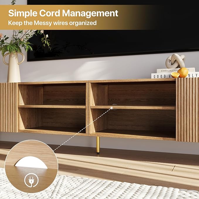 Modern 86in TV Stand for Living Room Fluted Design Entertainment Center with Adjustable ShelvesMedia TV Console Table with Storage for BedroomNature