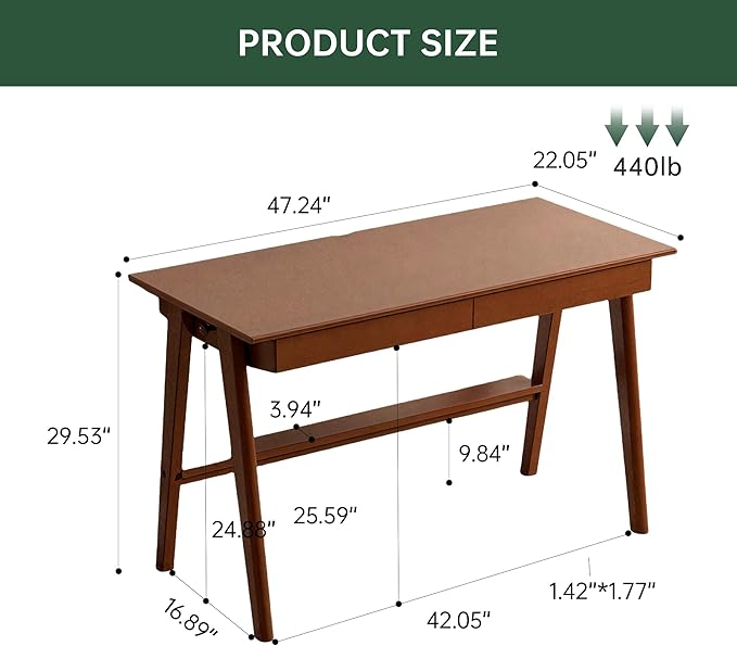 100% Solid Rubber Wood Desk Home Office Desk Mid Century Modern Writing Computer Desk with Drawer for Home Office 47