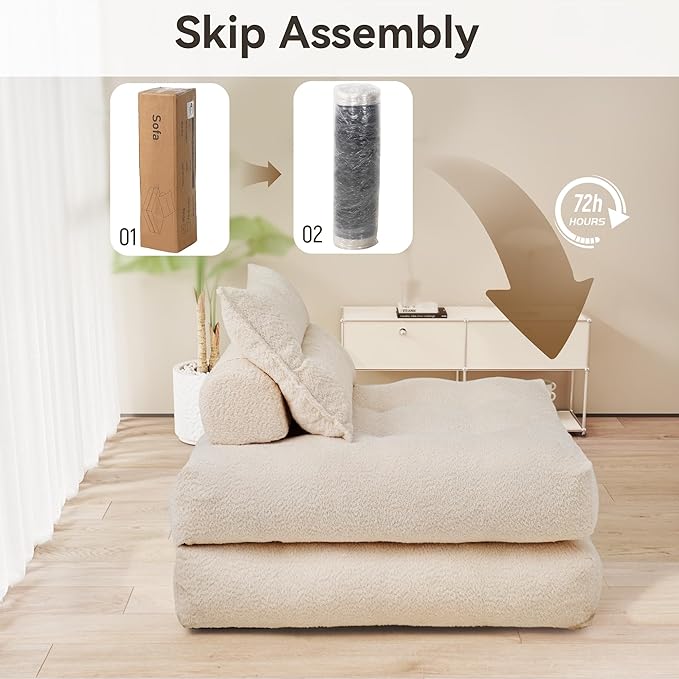 Folding Sofa Bed Fold Out Chair Bed with Pillow Convertible Sleeper Chair for Living Room/Small Spaces Foldable Lazy Sofa Bed Floor Chair Comfy Teddy Velvet Couch Bed Beige