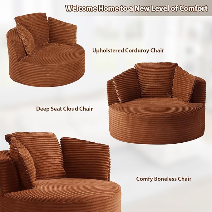 Round Chair Lounge Chaise Indoor 48.8 Oversized Sofa Chair Upholstered Corduroy Deep Seat Sleeper Sofa Bed No Assembly Required for Living Room Bedroom Apartment Orange
