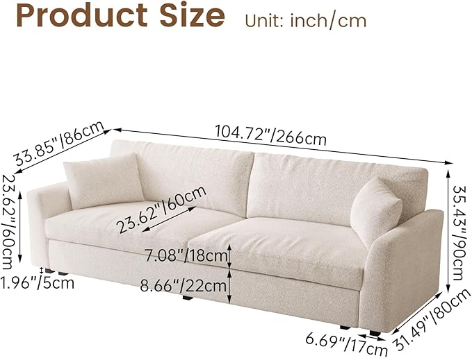 104.72 Oversized Loveseat Sofa for Living Room Comfy 2 Seater Sofa Couch with Thick Cushions 2 Pillows &amp Armsrest Modern Home Sofa (Beige)