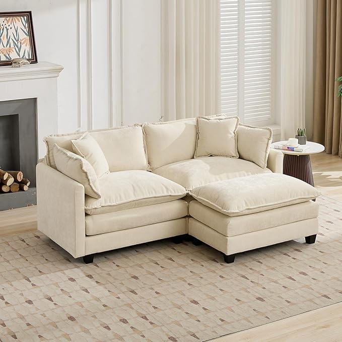 Beige Ottoman for Modular Sectional Sofa Chenille Fabric Cloud Couch Ottoman Oversized Sectional Seating for Living Room Bedroom Apartment Sofas para Sala