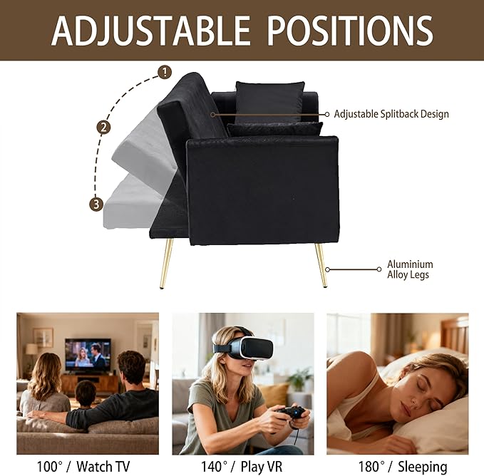 71 Velvet Futon Sofa Bed Convertible Sleeper Couch with 2 Pillows - Modern Loveseat Small Sofa 3-Angle Adjustable Backrest Golden Metal Legs for Living Room Bedroom Apartment Easy Assembly (Black)