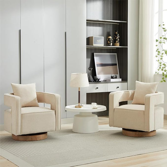 Chifee &amp Vingol 29.1 Linen Modern Swivel Accent Barrel Chair Set of 2 with Solid Wood BaseBeige