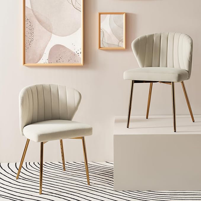 HULALA HOME Dining Chairs Set of 2 Velvet Upholstered Kitchen &amp Dining Room Chairs with Metal Legs Vanity Chair Armless Side Chairs for Living Room Bedroom Restaurant Channel Curved Backrest Tan