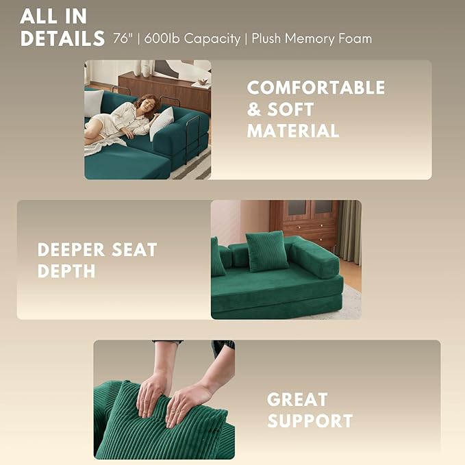 Alpen 77 Futon Sofa Floor Foldable Sofa Couch Bed Queen with L-Shaped Armrests Futon Bed with Mattress Included Fold Out Comfy Lounge for Living Room Bedroom Dark Green