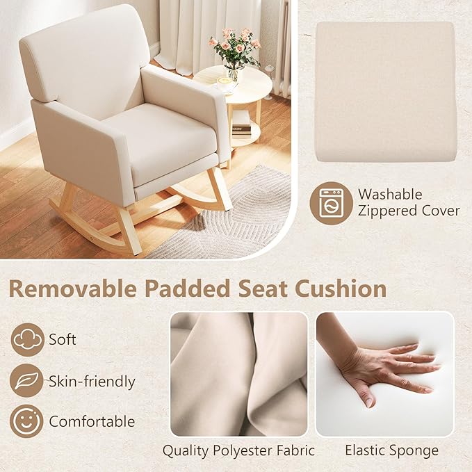 Giantex Upholstered Rocking Chair Nursery Rocking Chair w/Widened Back Machine-Washable Seat Cushion Cover Solid Rubber Wood Frame Glider Rocker Accent Chair for Living Room Bedroom Beige