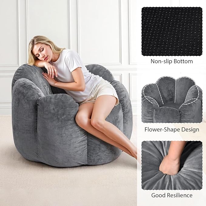 HOMMPA Bean Bag Chair for Adults Comfy Velvet Bean Bag Couch with Back Support Flower Shaped Oversized Sofa for Living RoomBedroomDormGrey
