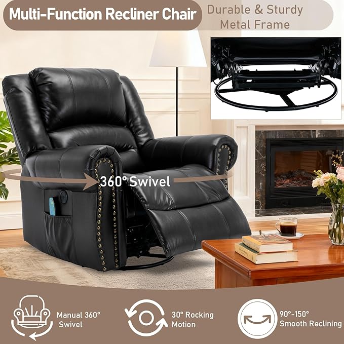 Manual Massage Swivel Rocker Recliner with Heat and Vibration 360° Swivel Glider Rocking Recliner Chair Classic Living Room Lounge Recliners with Side Pockets &amp USB Ports Black