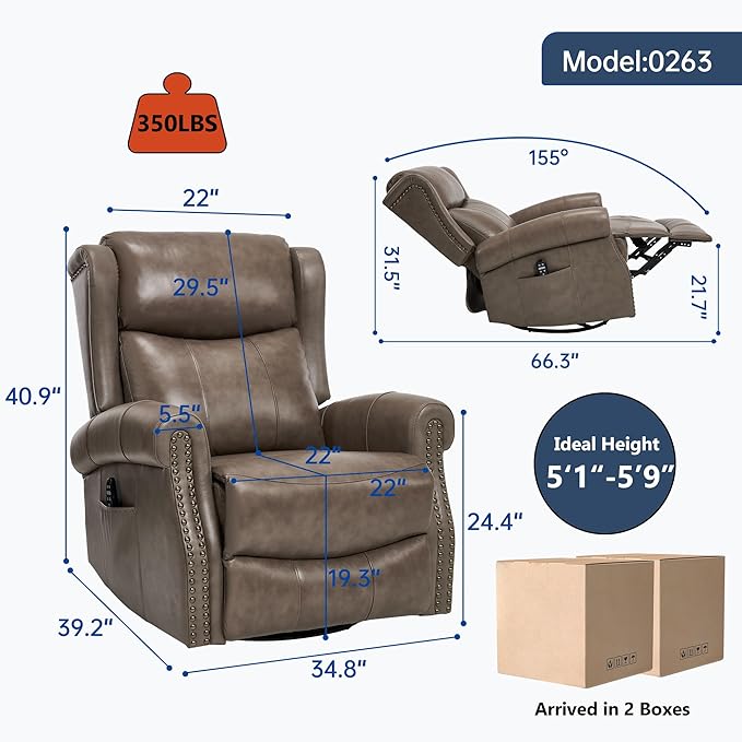 360° Swivel Glider Chair for Nursery Wingback Genuine Leather Rocking Recliner with Lumbar Heat &amp Massage 8-Point Vibration Massage for Living Room Bedroom