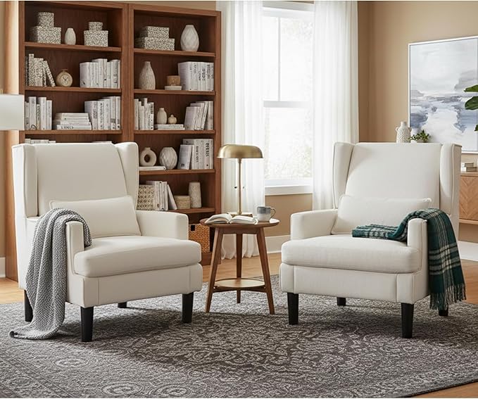 Accent Chairs Set of 2 for Living Room Chairs Modern Accent Chair Oversized Reading Chair for Living Room Sofa Chair with High Back and Wood Legs Upholstered Armchair Comfy Chair for Bedroom (Beige)