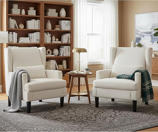Accent Chairs Set of 2 for Living Room Chairs Modern Accent Chair Oversized Reading Chair for Living Room Sofa Chair with High Back and Wood Legs Upholstered Armchair Comfy Chair for Bedroom (Beige)