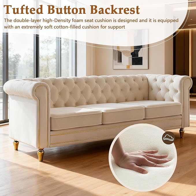 84 Velvet Sofa with Gold Legs Luxury Tufted Couch for Living Room Chesterfield Sofa with Thick Cushion Wide Armrest High-Density Foam Gold Strip Trim (Beige)