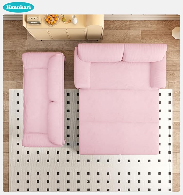 66 Queen Size 3-in-1 Convertible Pull Out Sofa Bed with Side Storage for Small Spaces Multi-Functional Velvet Sleeper Sofa with Wheels for Living Room and Bedroom (Pink)