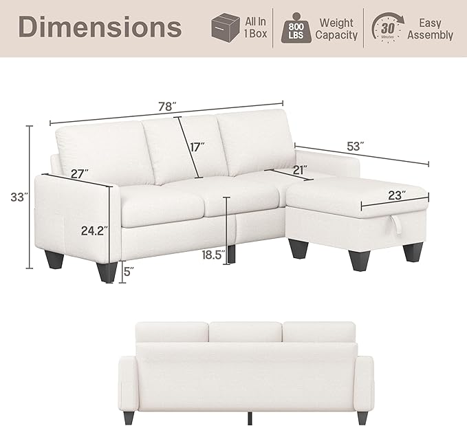 ZeeFu Couch for Living Room - 78'' Beige Linen 3 Seat L-Shaped Sectional Sofa Couches with Storage Ottoman - Modern Small Space Upholstered Furniture Sofa Set for Office Small Space Apartment