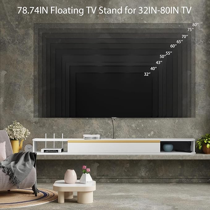 Floating TV Stand 79'' Wall Mounted Entertainment Center TV Media Console Floating Shelves with Door Floating TV Cabinet Large Storage TV Bench for Living Room (White 78.74IN)