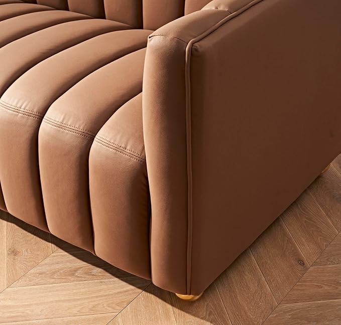 Direct Glam Fabric Upholstered Solid Wood Frame 82.7 Art Deco Sofa for Living Room Office Sophisticated 3 Seater Couch Brown