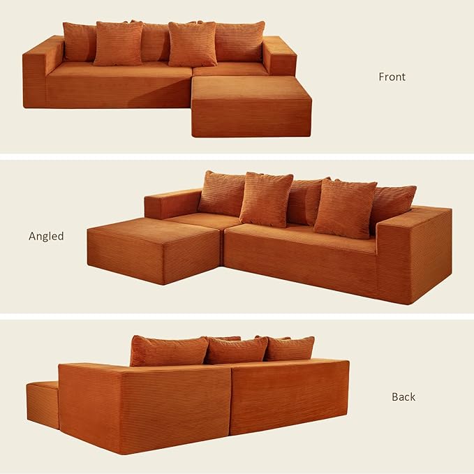 INGEROOM 108 Cloud Sectional Couch with Deep Seat Modular Sofa Memory Foam Boneless Sofa with Movable Ottoman Upholstered Couches for Living Room Bedroom No Assembly Required Orange