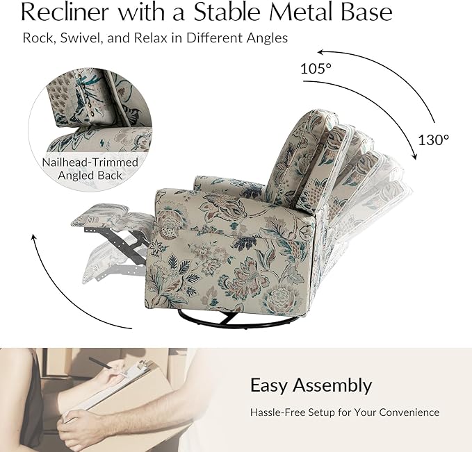 HULALA Home Rocker Recliner Set of 2 Modern Printed Fabric Swivel Glider with Adjustable Backrest &amp Footrest Teal