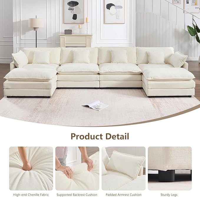 Oversized Modular Sectional Sofa Large U Shaped Couch with Deep Seat Chenille Cloud Couches for Living Room Convertible 6 Seater Sectional Sofa for Spacious Space Beige White