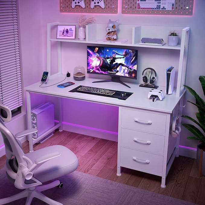 DLisiting White Computer Desk with Hutch &amp Drawers - Office Desk with 3 Storage Drawers and Power Outlets 47 Inch Modern Study Writing Desk for Bedroom Home Office