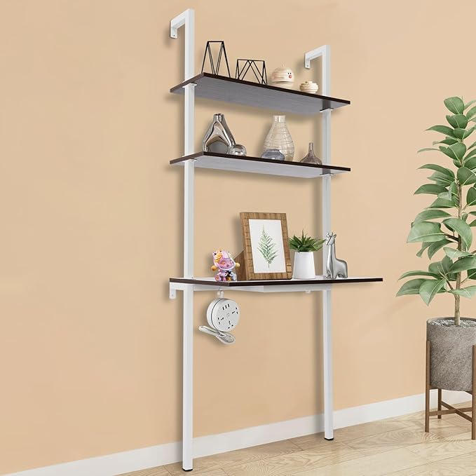 Wall Mount Floating Desk with 3-Tier Storage Shelves 72.5in Stepped Indoor Office Desk Modern Storage Writing Table for Small Spaces Home Office &amp Living Room (Brown/White)
