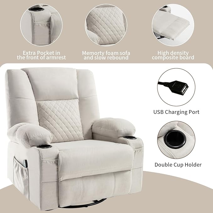 Rocker Recliner Chair with Heat and Massage Wide Seat Overstuffed Fabric Reclining Chair for Living Room Nursery Glider Rocking Chair Swivel Recliner with Cup Holder White