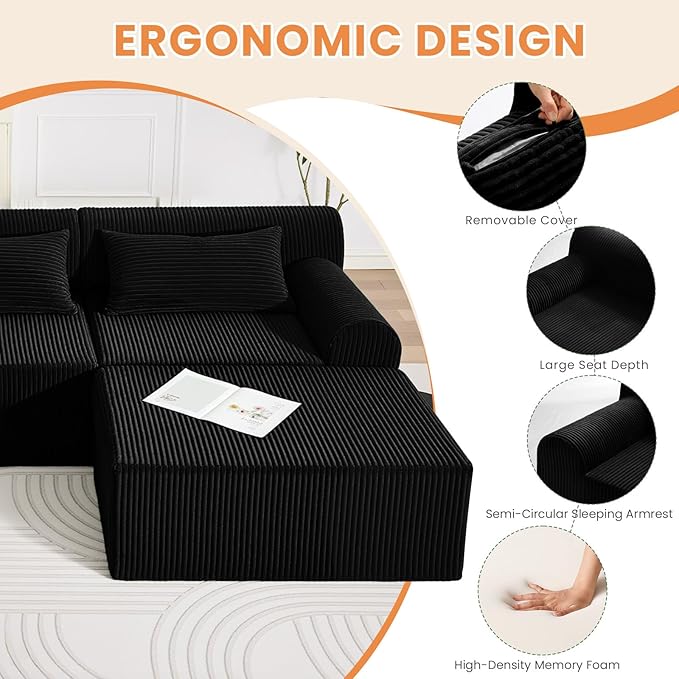 Oversize Boneless Couch for Living Room Comfort L Shaped Cloud Couch Sectional with Deep Seat and Movable OttomanModular Sectional Sofa with 5 PillowsNo Assembly RequiredBlack