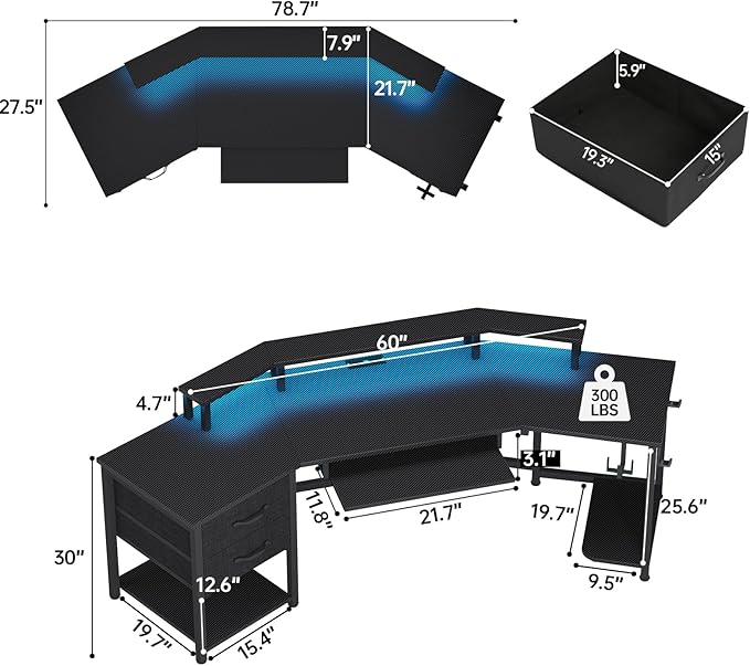 SEDETA 79 Gaming Desk Computer Desk with 2 Fabric Drawers &amp LED Light L Shaped Gaming Desk with Storage Shelf for Home Office Carbon Fiber Black