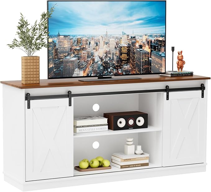 Sweetcrispy Farmhouse TV Stand 65 Inch for Living Room Bedroom White Tall Entertainment Center with Storage Shelves Media Console Cabinet with Wood Board 300 LBS Capacity and Sliding Barn Door