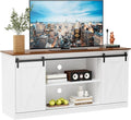 Sweetcrispy Farmhouse TV Stand 65 Inch for Living Room Bedroom White Tall Entertainment Center with Storage Shelves Media Console Cabinet with Wood Board 300 LBS Capacity and Sliding Barn Door