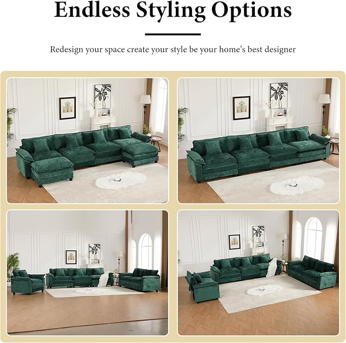 117.3” Green Modular Sectional Sofa 3 Seater Large Sectional Couches for Living Room Chenille Fabric Oversized Cloud Couch with Ottoman Deep Seat Wide Armrest Home Sofas Set Sofá Moderno L Shaped