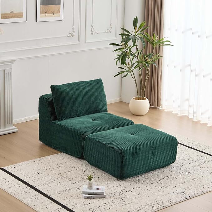 Single Chaise Longuewith Movable Ottoman Memory Foam Compressed Sofa with Pillows Soft Corduroy for Living Room (Green 1 Seat)