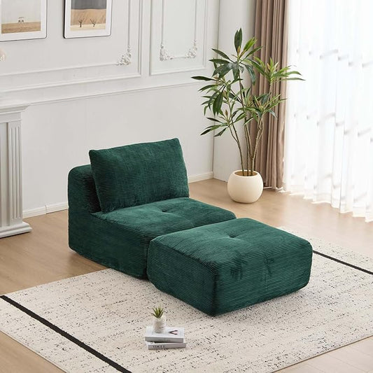 Single Chaise Longuewith Movable Ottoman Memory Foam Compressed Sofa with Pillows Soft Corduroy for Living Room (Green 1 Seat)