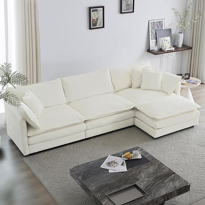 kevinplus 111.5'' White Modular Sectional Sofa Couch L-Shaped with Ottoman for Living Room Modern Contemporary Sofa Couch for Apartment Office Chenille Fabric (3-Seat Couch + 1 Ottoman)