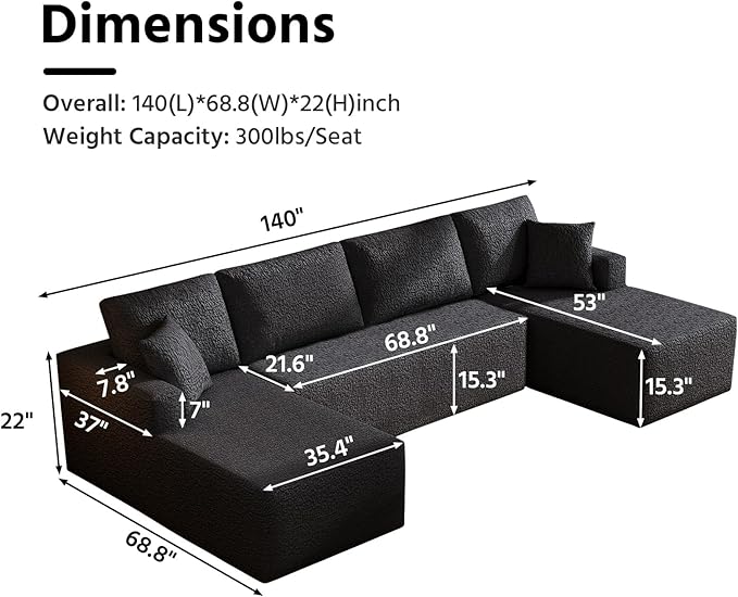 Modular U-Shaped Sectional Sofa 7-Seater Cloud Couch with Double Chaise Modern Sleeper SofaNo Assembly Sectional Cloud Boneless Sofa Couches for Living Room/Apartment