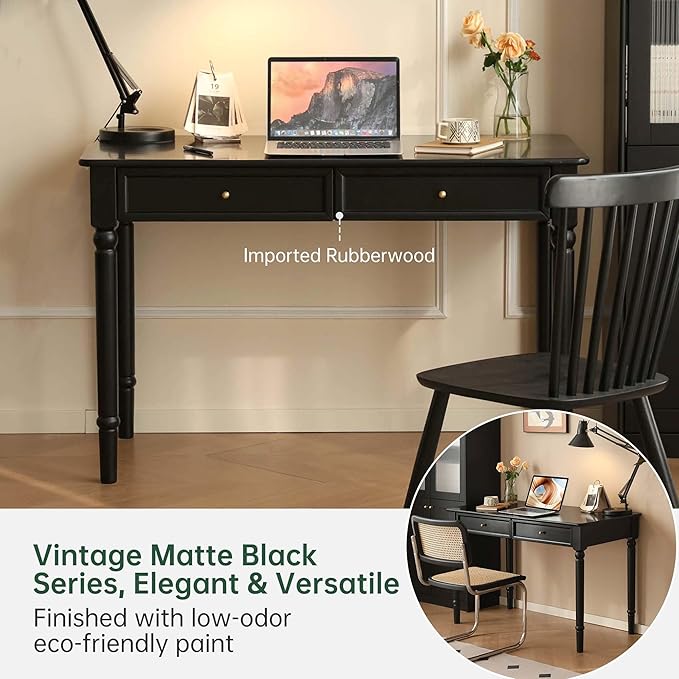 Solid Wood Computer Desk with Double Drawers Black Vintage Rubber Wood Writing Desk for Home Office 47.2
