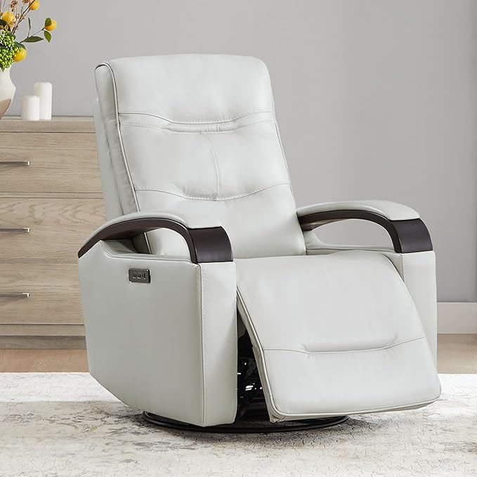 CHITA Genuine Leather Power Swivel Glider Rocker Recliner FSC Certified Mid Century Modern Recliner Chair for Adults Adjustable Power Headrest for Nursery and Living Room Creamy Grey