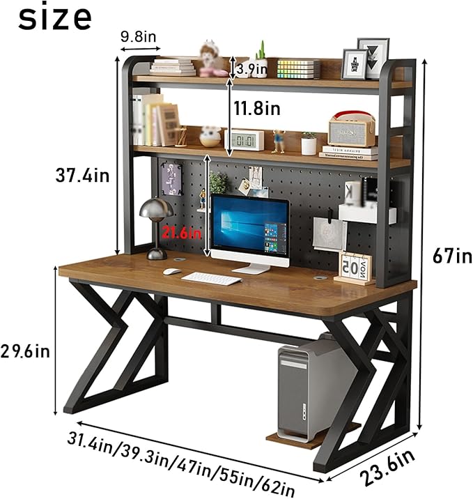 31.4in Gaming Desk with Bookshelf Combo Computer Desk with Pegboard Large Writing Table with Desktop Shelves Ample Leg Room for Home Office (Brown 31.4in)