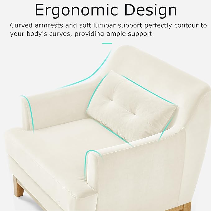 LINSY Accent Chair Large Reading Chair with Rubberwood Base Mid Century Modern Armchair with Lumbar Pillow Cozy Single Sofa Chair for Living Room Bedroom Office Study Velvet Arm Chair Beige