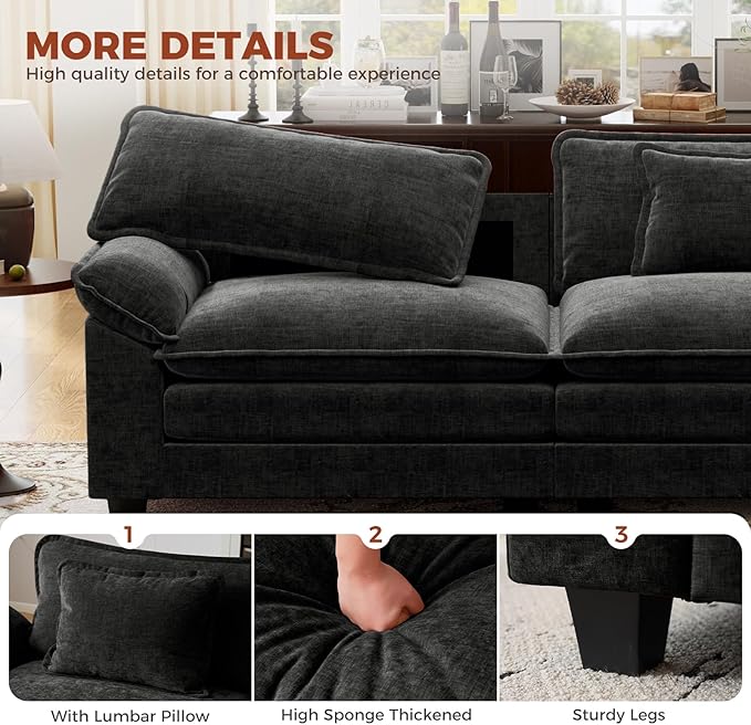 CDCASA 117 Oversized Modular Sectional Sofa with Corner Comfy V-Shaped Cloud Couch 5-Seater Chenille Deep Seat Modern Sofa Couch for Living Room DIY Combination Black