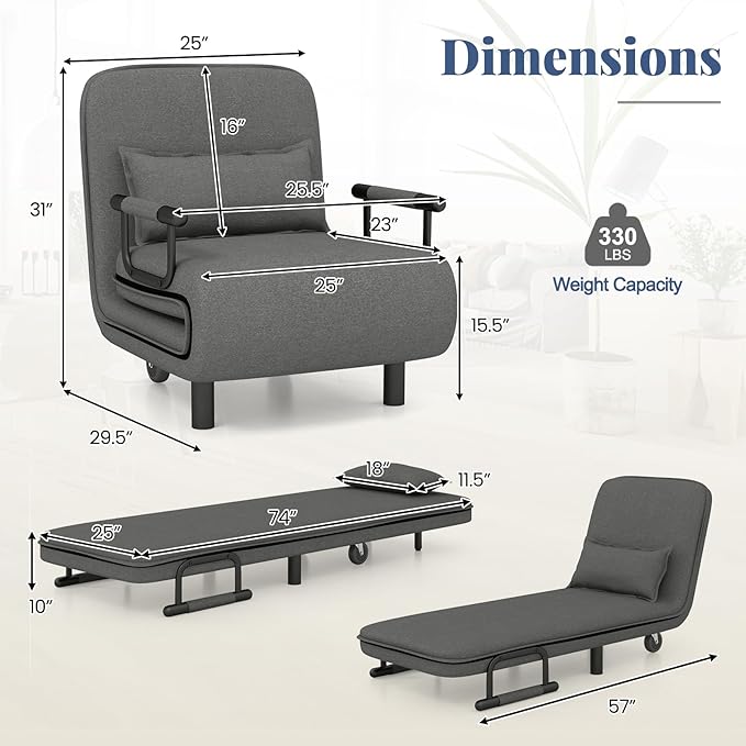 Giantex Convertible Sofa Bed 3-in-1 Folding Sleeper Chair with 5-Position Adjustable Backrest Wheels 2 Legs Recliner Chaise Lounge with Pillow Armchairs for Nursery Living Room Office (Gray)